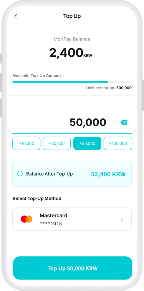 Top-up screen: add funds instantly with a credit card